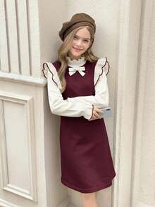 SHEIN Serisse Kids Tween Girl 3D Bow Decor Ruffle Flare Cuff Sweater Autumn Dress - Burgundy - View 8