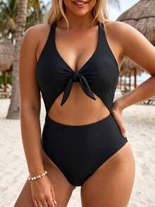 Swim Lushoire Plus Size Women One-Piece Solid Color Twist Front Hollow Out Slimming Tummy Control Swimsuit, Suitable For Vacation Party Beach Vacation Summer Sexy - Black - View 4