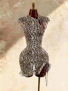Amplova Women's Leopard Print Mini Dress With Cheongsam Collar - Multicolor - View 3