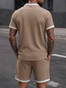 Manfinity CasualCool 男士拼色單排扣短袖襯衫與抽繩腰短褲休閒日常穿搭 - 駝色 - 查看 2