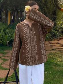 Dazy Tall Blus Pullover Wanita Leher Bulat Lengan Panjang Longgar Motif Bunga Gaya Liburan Musim Panas Cokelat Boho - Coklat - View 7