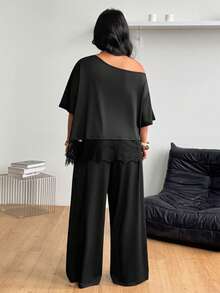 Coolane Plus Size Asymmetric Neck Lace Patchwork Top And Drawstring Waist Loose Pants 2-Piece Set - Black - View 8
