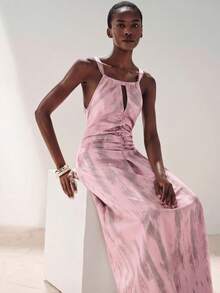 Frievida Purple Gradient Brushstroke Textured Satin Ruched Waist Spaghetti Strap Sleeveless Dress Minimalist Tropical European Elegant Commute Party Vacation - Pink - View 3