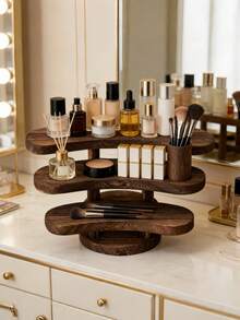 1Pc 3-Layer Wooden Shelf Organizer, Rustic Brown Desktop Display Rack For Makeup Bottles, Tea Sets, Small Decor Items - View 2