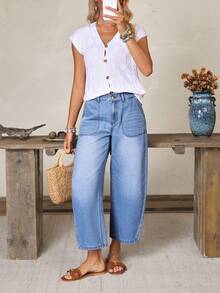 EMERY ROSE Women's Casual Versatile Everyday Denim Jeans With Pockets And Buttons - Blue - View 5