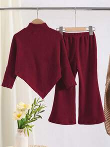 Souflis Souflis Little Girls 2‑Piece Outfit Mock Neck Batwing Sleeve Irregular Hem Top With White Bow Decor Ribbed Flare Pants Fall Set Back To School Clothes Girls - Burgundy - View 2
