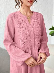 Al Najma Notched V-Neck Embroidered Patchwork Textured Solid Color Arabian Dress - Pink - View 4