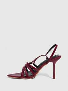 CUCCOO SZL Burgundy Patent Leather Pointed Cross-Strapped High-Heeled Sandals, Women's Retro Rear Strap Open-Toed High-Heeled Shoes - Burgundy - View 3