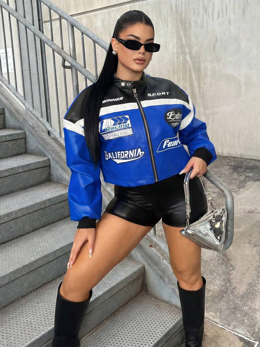 Dayanna Comas Women's Letter Pattern Color Block Short PU Leather Jacket, Motorcycle/Racing/Pilot Versatile Outerwear For Autumn/Winter,Fall Y2k Varsity Women - Royal Blue - View 1