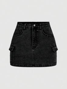 SHEIN Tall 女款休閒多口袋緊身牛仔迷你裙，夏季，高個女性適用 - 黑色 - 查看 4