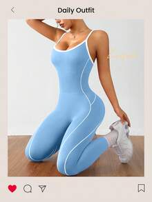 SHEIN Dewbera 女款拼色休閒日常旅行運動細肩帶連身褲 - 藍色 - 查看 4