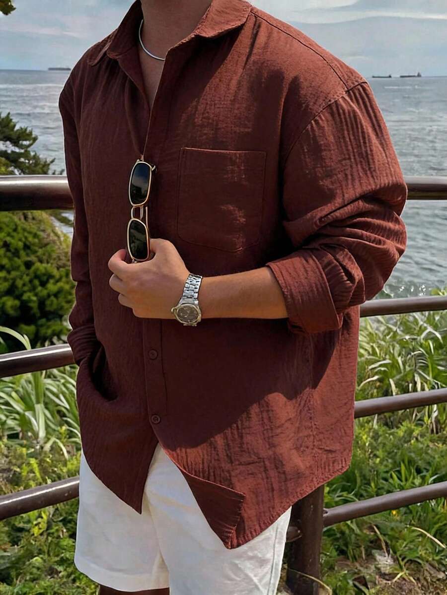 DAZY 男士長袖純色棕色寬鬆版型襯衫 夏季 - 棕色 - 查看 1