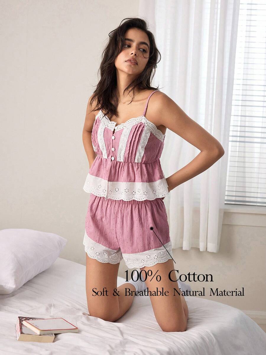 Ocili Women's Contrast Color Camisole Top And Shorts Pajama Set - Rusty Rose - View 1