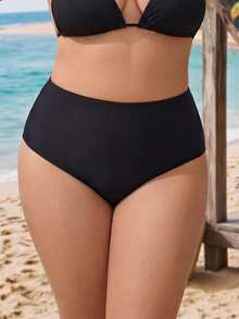 SHEIN CURVE+ Quần bikini cạp cao màu đen trơn dáng rủ phong cách nhiệt đới cho tiệc bãi biển nghỉ hè 2026, size lớn - màu đen - Xem 4