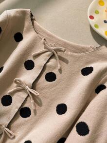 SHEIN Playful Pals 女童秋冬加厚時尚黑色波點蝴蝶結可愛簡約針織長袖開襟毛衣 - 彩色 - 查看 3