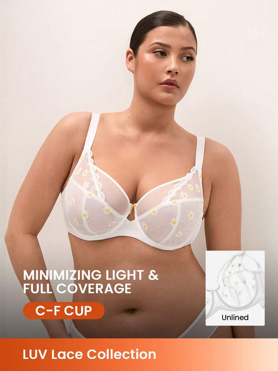 LUVLETTE Plus Daisy Embroidered Elegance Lingerie Lounge Curve Full Coverage Breathable Unlined Floral Lace White Sheer Minimizer Mesh Bridal Intimates Bra - White - View 1