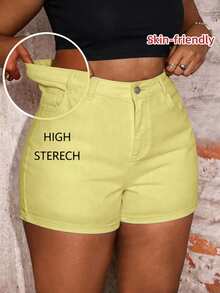 Slaydiva Plus Size Women'S Pocket Button Casual Versatile Daily Travel Denim Shorts Vacation Outfits - Yellow - View 1