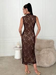Lavishia 女款優雅性感蕾絲拼接長洋裝，蕾絲長袖修身貼身黑色洋裝，高彈性面料，春/秋季洋裝，茶會禮服，優雅性感 - 咖啡棕 - 查看 2