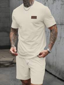 Manfinity Homme Men's Leather Patch Decor Casual Fitted T-Shirt Set - Apricot - View 4