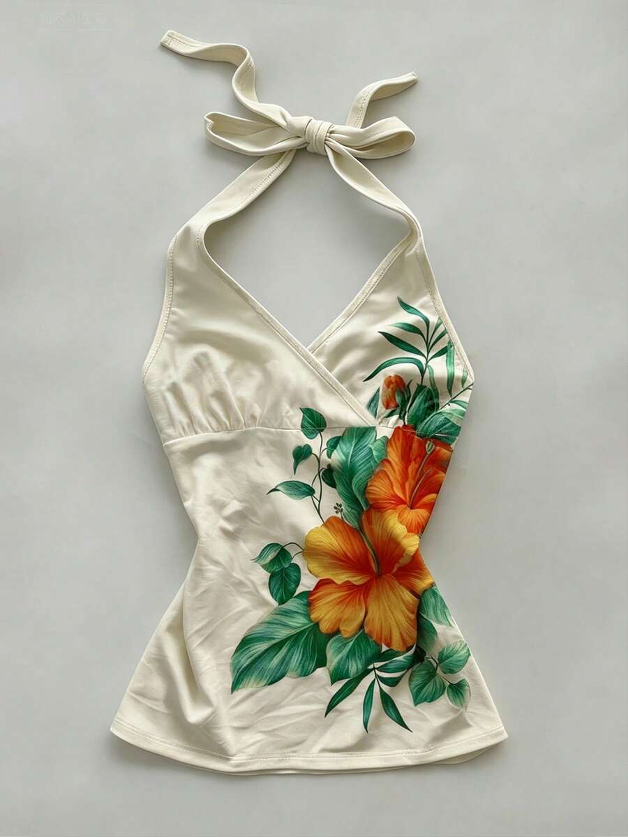 IslaSuriya Floral Print Halter Neck Tie Back Camisole For Women, Fashionable Vacation Wear - Multicolor - View 1
