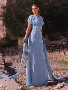 Aureia 優雅浪漫時尚雪紡布料水鑽裝飾抓皺修身A字裙 派對禮服 婚禮賓客禮服 單身派對禮服 正式晚禮服 - 霧霾藍 - 查看 6