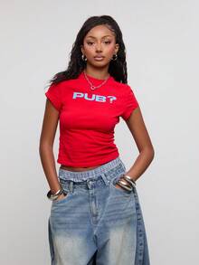COUREZ Short Sleeve Slogan Print Baby Tee / Y2K Graphic Tee Print Tee Fall Winter Outfits Cute Tops Crop Top Short Sleeve Tops For Women Going Out Tops - Red - View 7