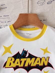 BATMAN X SHEIN 小男孩夏季休閒拼色字母印花T恤 - 白色 - 查看 4