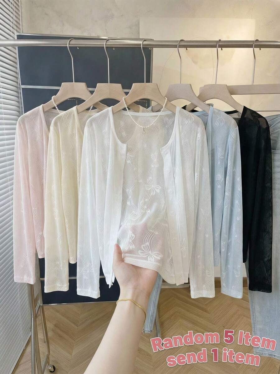 Tween Girl) Casual Basic White Base Daily Season Cooling Outerwear Cardigan With Bow Lace Collarless Open Front Long Sleeve Jacket - White - View 1