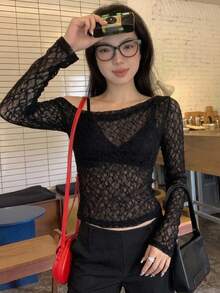Dazy Tall Women's Asymmetric Shoulder Long Sleeve Textured Semi-Sheer Casual Top Fall - Black - View 14