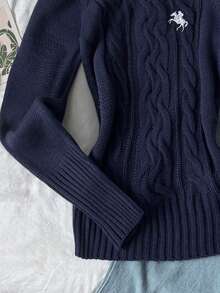 SHEIN Teen Girl Teen Girl Autumn/Winter Embroidered Twisted Crew Neck Long Sleeve Pullover Sweater, Navy Blue - Royal Blue - View 5