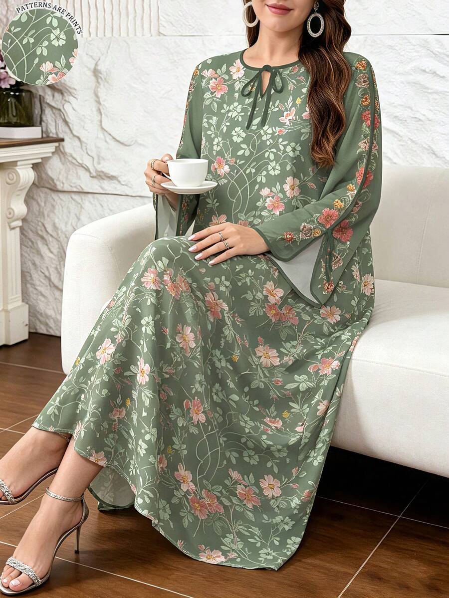 SHEIN Najma 大尺碼女款花卉印花休閒派對旅行阿拉伯風洋裝 - 彩色 - 查看 1