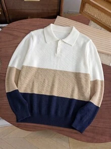 SHEIN 兒童青少年男孩休閒韓系學院風 Polo 領套頭針織毛衣，適合通勤、上學、日常休閒穿著、運動，適用秋冬 - 白色 - 查看 4