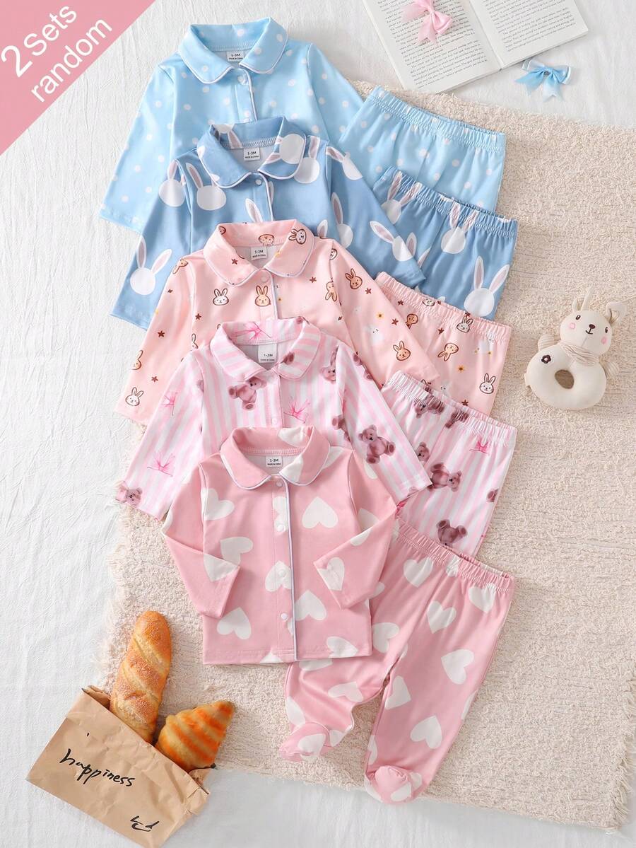 Newborn Pink Sweet Cute Bow Pattern Long Pants Long Sleeve Casual Comfortable 2-Piece Set Loungewear - Multicolor - View 1