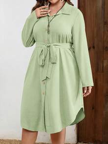 EMERY ROSE Vestido Camisa de Manga Larga Unicolor de Un Solo Botón para Mujer Talla Grande - Verde - Ver 3