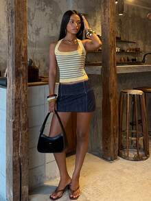 SHEIN BAE Contrast Color Striped Halter Neck Cropped Slim Fit Sexy Women's Sweater - Butter Yellow - View 4