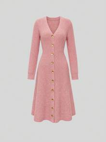 Balvessa V-Neck Single-Breasted Metal Hand-Stitched Button Cinched Cinched Waist Ribbed Cuff Long Sleeve A-Line Hem Women's Sweater Dress - Pink - View 5