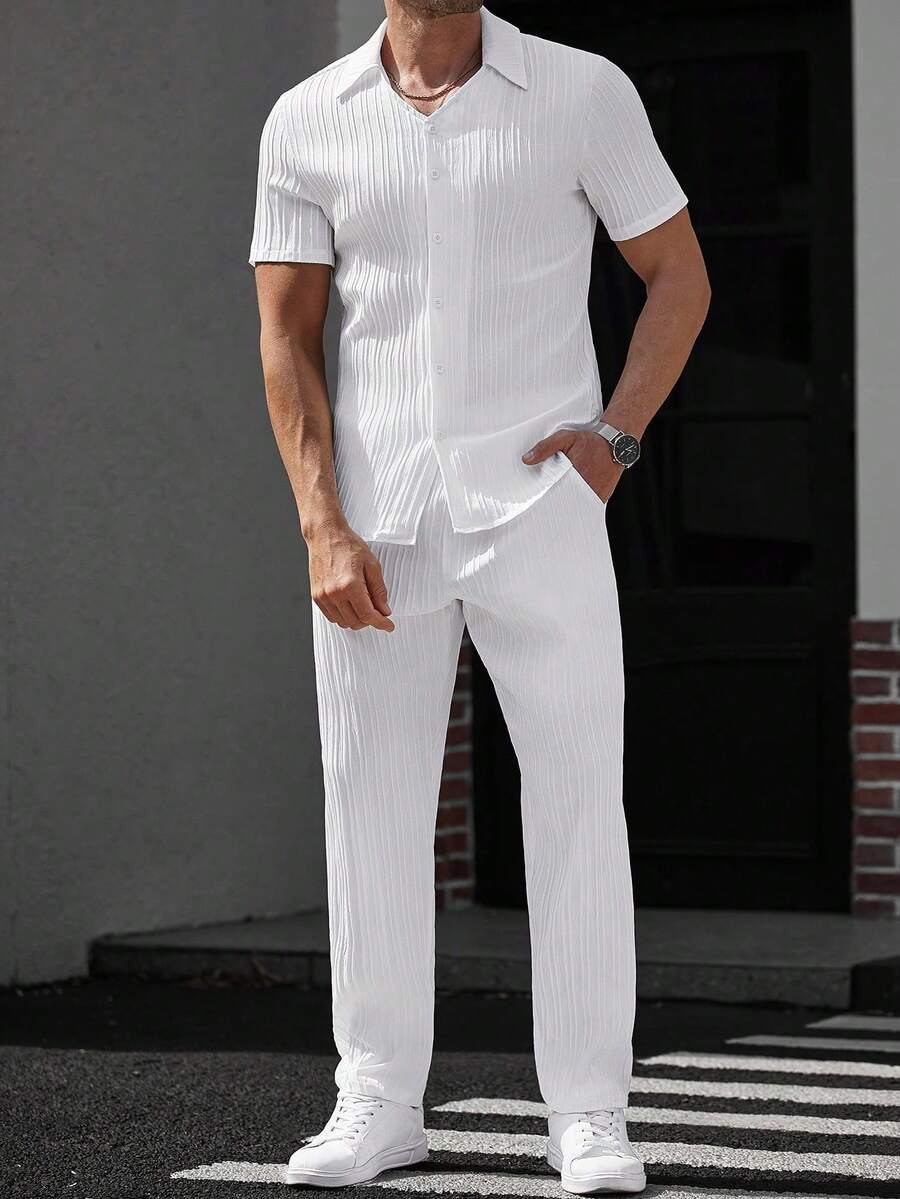 Manfinity Homme 男士純色短袖單排扣襯衫與長褲休閒套裝 白色男士套裝 男士白色套裝 男士2件套白色正式裝 - 白色 - 查看 1