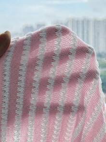 SHEIN 青少年女孩春/夏新款卡其色白色條紋紋理圓領短袖休閒T恤，簡約休閒百搭，熱門款 - 粉色 - 查看 7