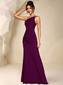 Coutiva Elegant One-Shoulder Ruched Bust Slit Mermaid Evening Dress - Red Violet - View 8