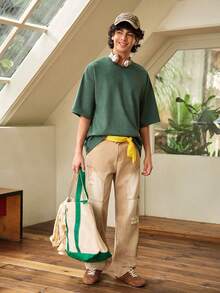 Men's Letter Print Casual Round Neck Short Sleeve T-Shirt, Suitable For Daily Wear, Spring/Summer - Green - View 3