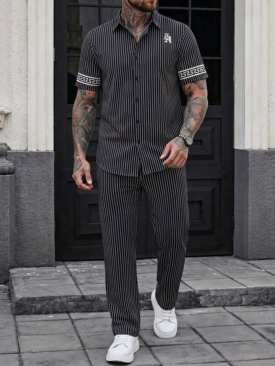 Manfinity CasualCool 男士休閒套裝,復古格紋圖案與街頭風設計 - 黑色 - 查看 1