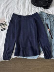 SHEIN Teen Girl Teen Girl Autumn/Winter Embroidered Twisted Crew Neck Long Sleeve Pullover Sweater, Navy Blue - Royal Blue - View 3
