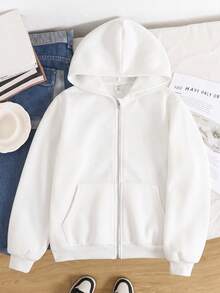 SHEIN 青少年女孩秋冬休閒連帽開襟外套 - 白色 - 查看 5