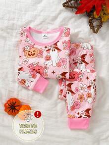 Girls Pumpkin Bow Print Long Sleeve Pants Snug Fit Halloween Style Loungewear Set Festival Outfits Winter Fall - Multicolor - View 5
