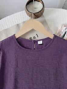 SHEIN 兒童青少年女孩 T-shirt 套裝 梭織純色短袖上衣搭配碎花長褲休閒套裝 - 紫色 - 查看 7