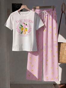 Comfortcana 2件組刺繡圓領短袖上衣與條紋印花長褲，休閒風 - 淺粉色 - 查看 4