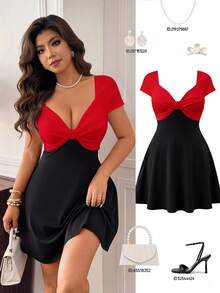 Femmeverse 大码女式褶皱拼接休闲派对连衣裙 - 紅色 - 查看 1