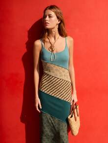 Nöista Vestido Maxi con Bloques de Color y Tirantes de Espagueti con Estampados Mixtos en Paneles de Patchwork, Suave y Elástico - Multicolor - Ver 6