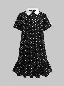 SHEIN 兒童青少年女孩 Polo 領撞色拼接黑白波點印花寬鬆 A 字裙擺荷葉邊洋裝 休閒學院風通勤時尚返校穿搭 - 黑與白 - View 3