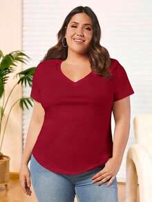 SHEIN BASICS 大尺碼純色V領T恤夏季上衣 - 酒紅色 - 查看 7